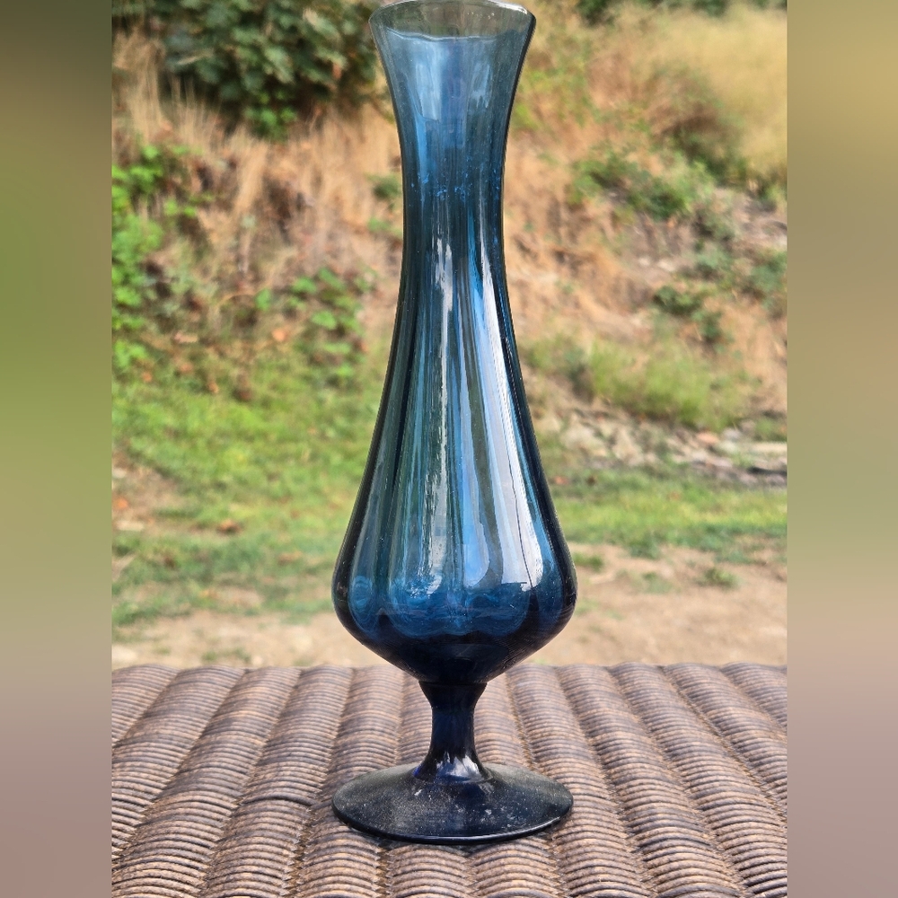 Vintage Stemmed Optic Blue Glass Vase 9.25" tall